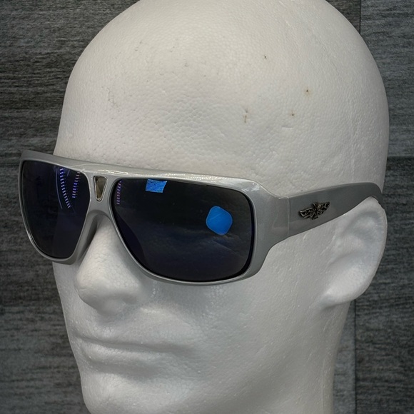 Biker Wrap Around Prism Mirrored Wrap Around Frame Sunglasses Flames Iron Cross - Picture 1 of 16